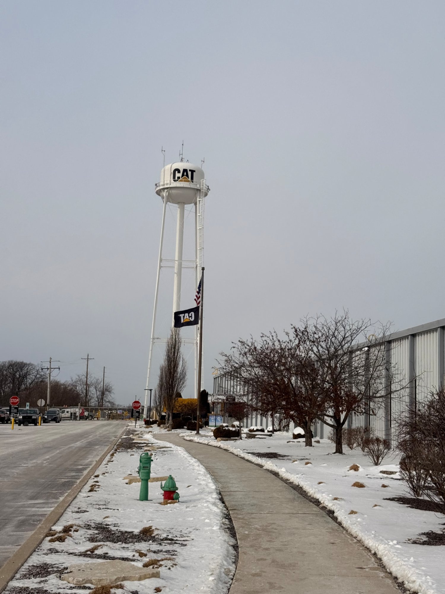CAT water tower with snow